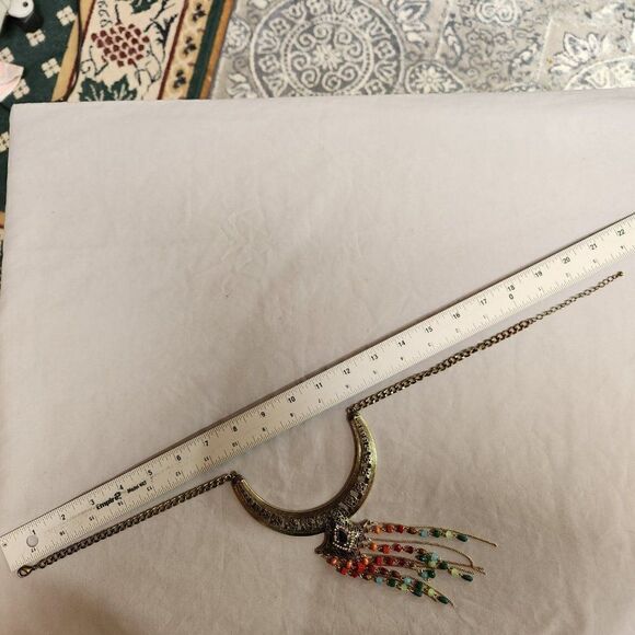 Women’s Bib Statement Collar Necklace Black & Crystal W/ Multi Color Dangle Bead - Picture 4 of 4